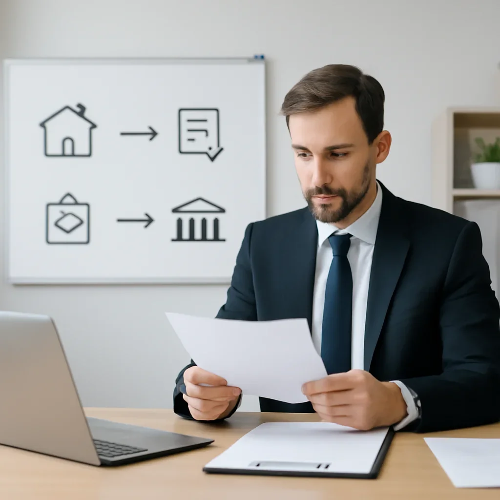 Broker reviewing mortgage steps for invest with home equity