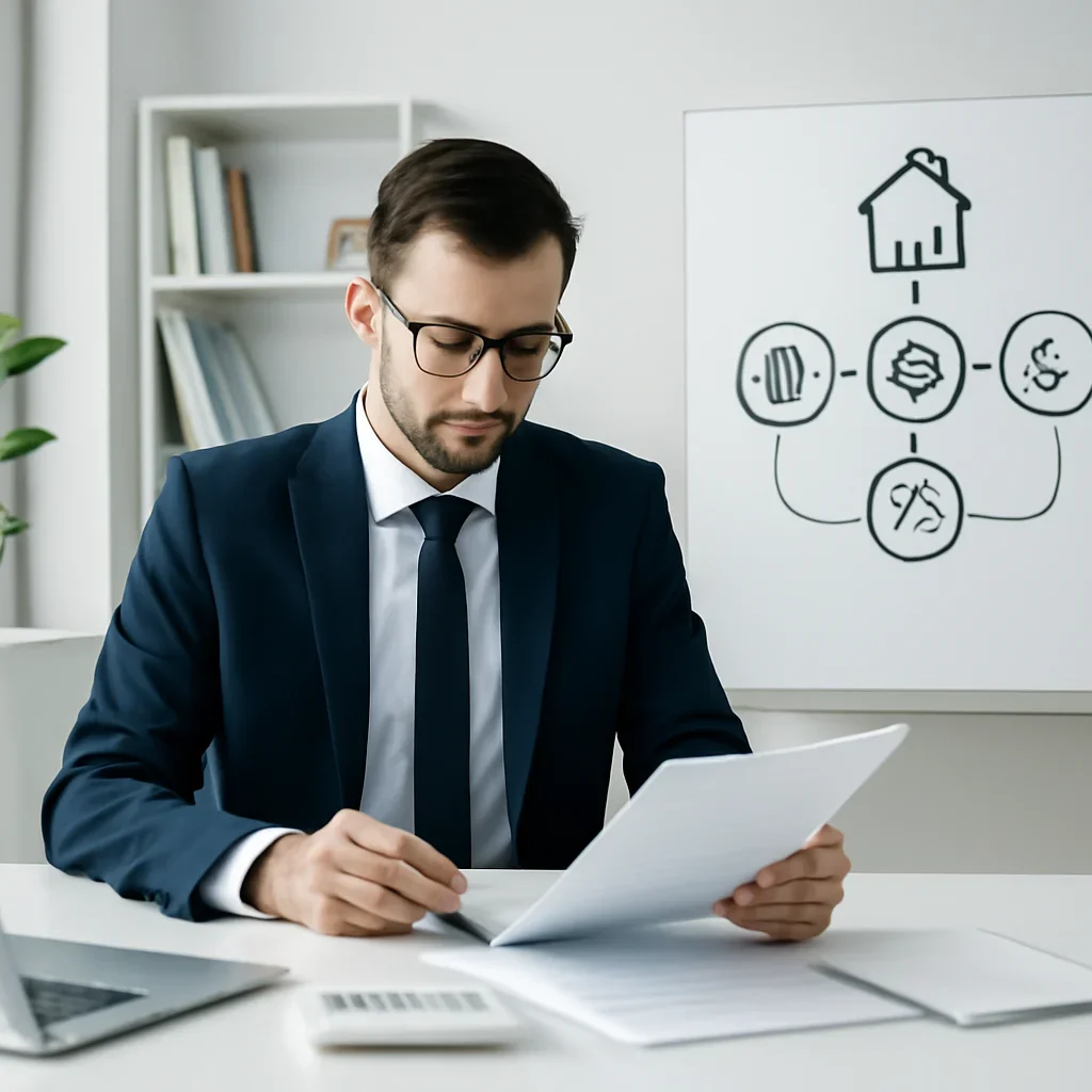 Broker reviewing mortgage steps for mortgage calculator