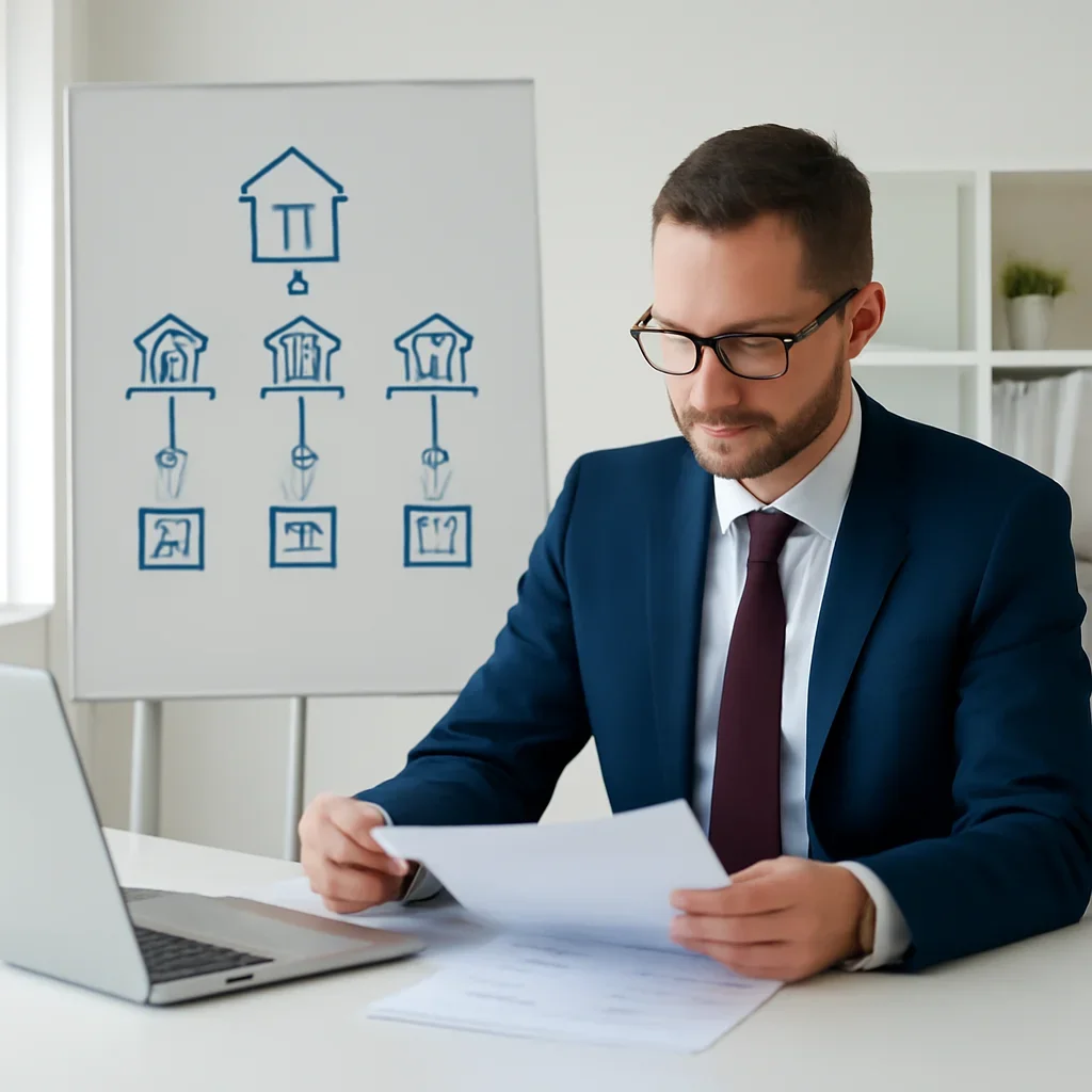 Broker reviewing mortgage steps for mortgage for commission income