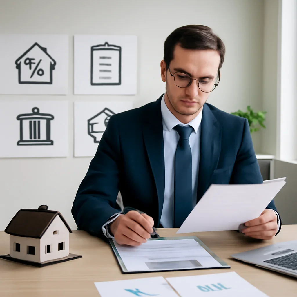 Broker reviewing mortgage steps for mortgage for real estate investors