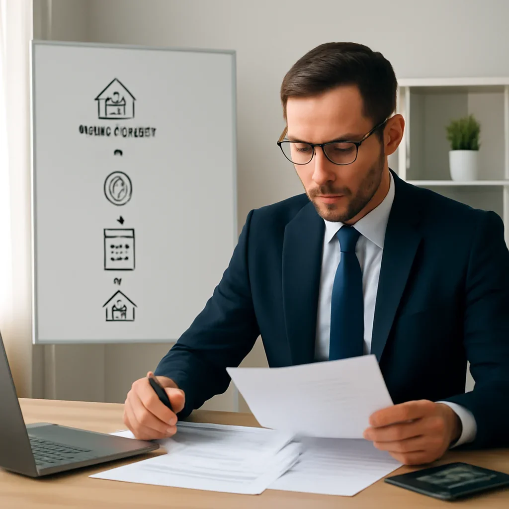 Broker reviewing mortgage steps for mortgage for rental income